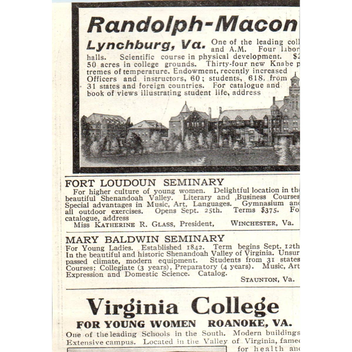 c1920 Harper's Ad - Staunton Military Academy for Manly Boys Col Wm G Kable EA3