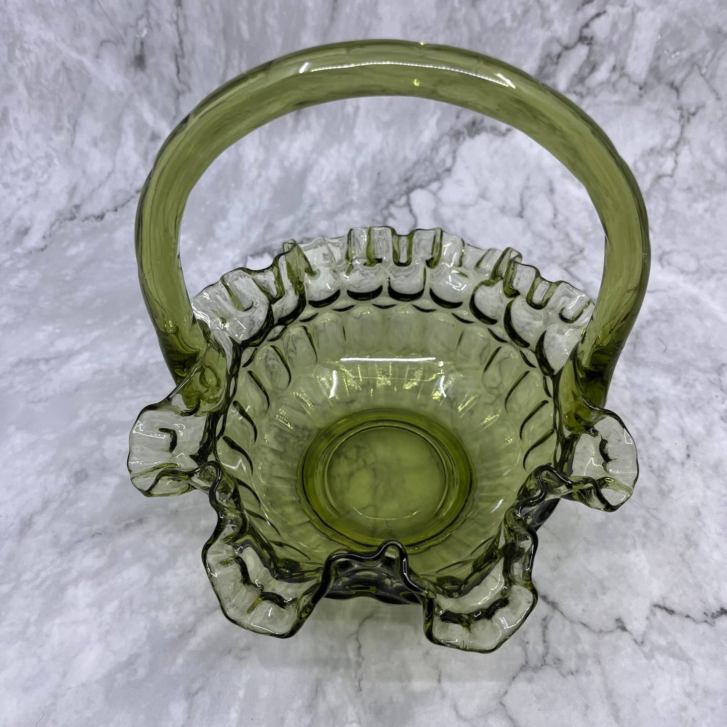 Vintage FENTON Colonial Green Glass 8" Basket Ruffled Edge Thumbprint Design TA2