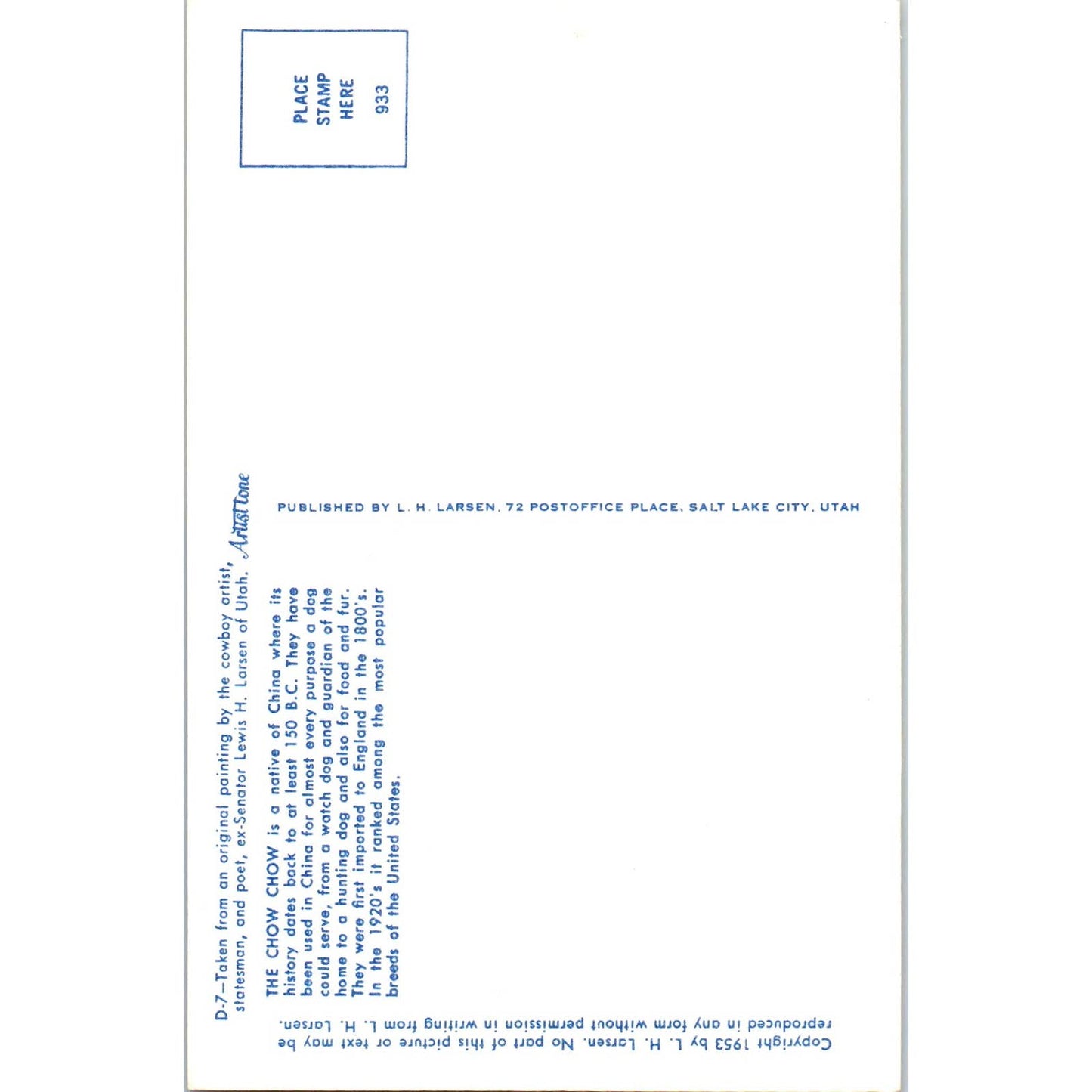 Lewis H. Larsen 1953 The Chow Chow Dog Painting Original Postcard TK1-27