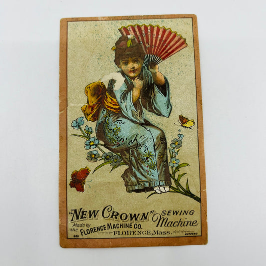 1880 Victorian Trade Card New Crown Sewing Machine Florence Oriental Girl AH9-M6