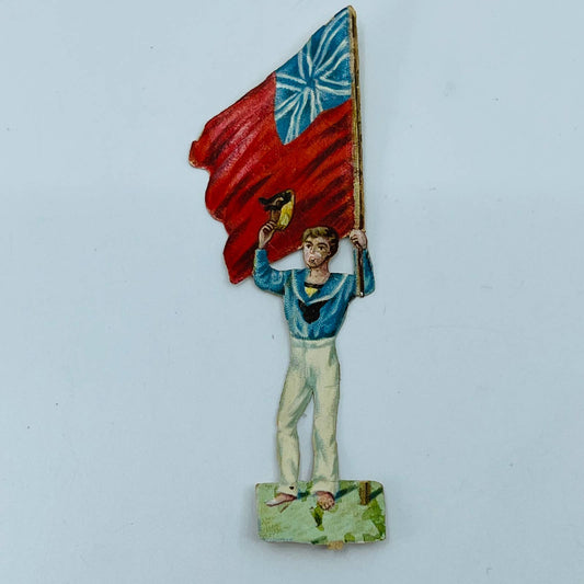 1880s Victorian Die Cut Scrap Young British Navy Sailor Union Jack Flag 3.5” AA2