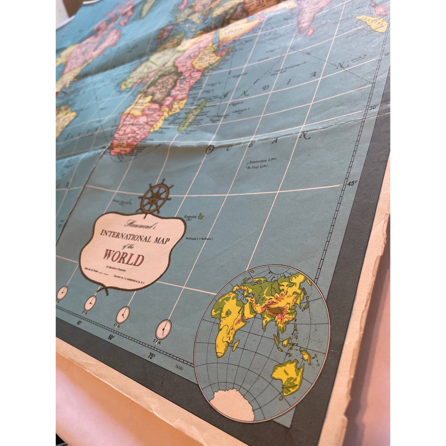 Vintage 1950's HAMMOND'S INTERNATIONAL MAP OF THE WORLD 33" x 50" FL3