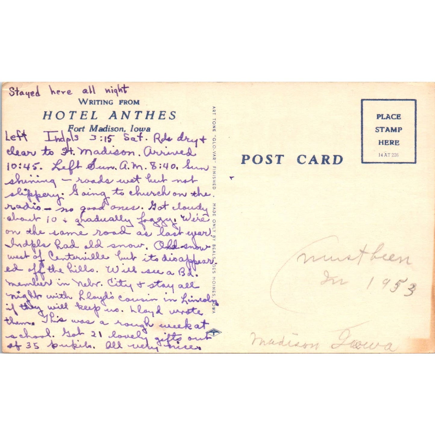 Hotel Anthes Fort Madison Iowa 1953 - Original Postcard TJ7-RP2