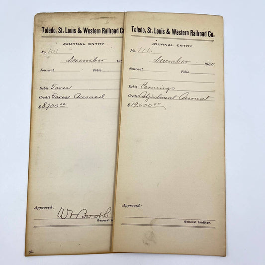 1900 Toledo, St. Louis & Western Railroad Company Journal Entry Lot of 2 AB2-6