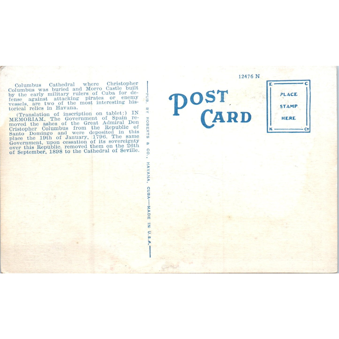 Tablet at Columbus Cathedral Morro Castle Havana Cuba Original Postcard P3-1