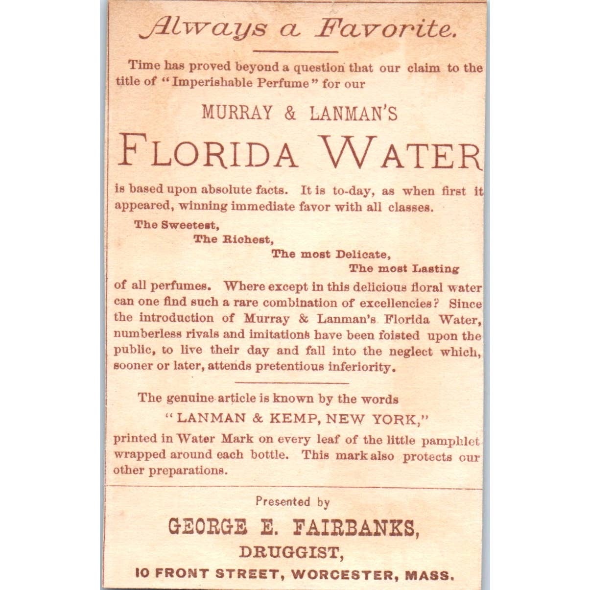 1880s Victorian Trade Card Murray & Lanman's Florida Water Perfume Fairbanks SE8