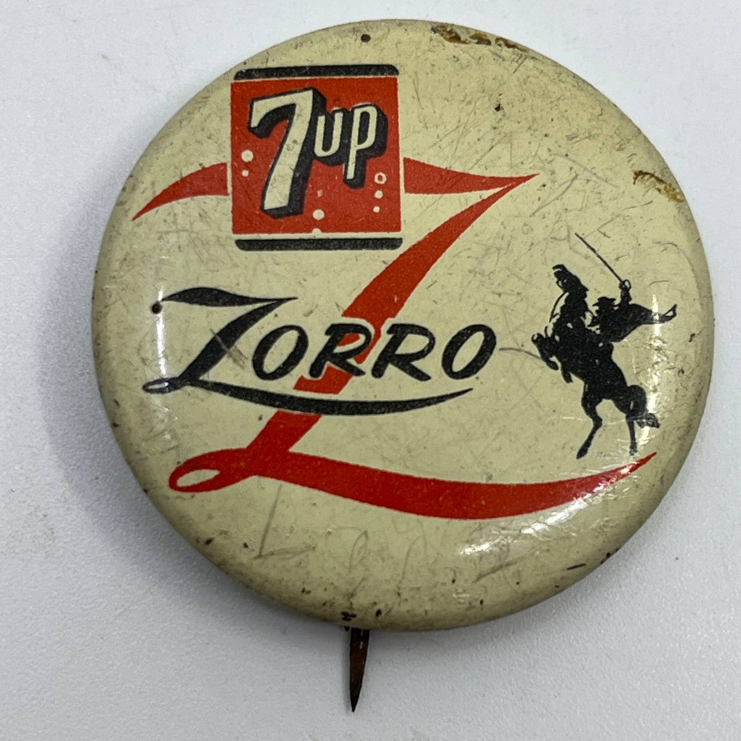 Vintage 1957 Walt Disney, 7 Up, Zorro Pin Celluloid Pinback Button SE1