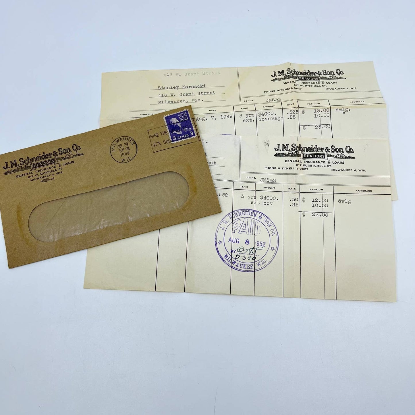 1949 J.M. Schneider & Son Co. Insurance Letterhead & Envelope Milwaukee WI AA7