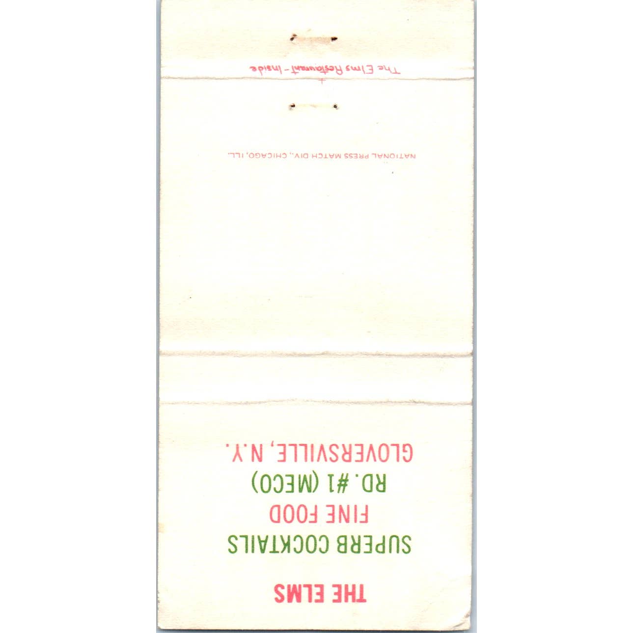 The Elms Restaurant Gloversville NY Advertising Matchbook Cover SA1-M11