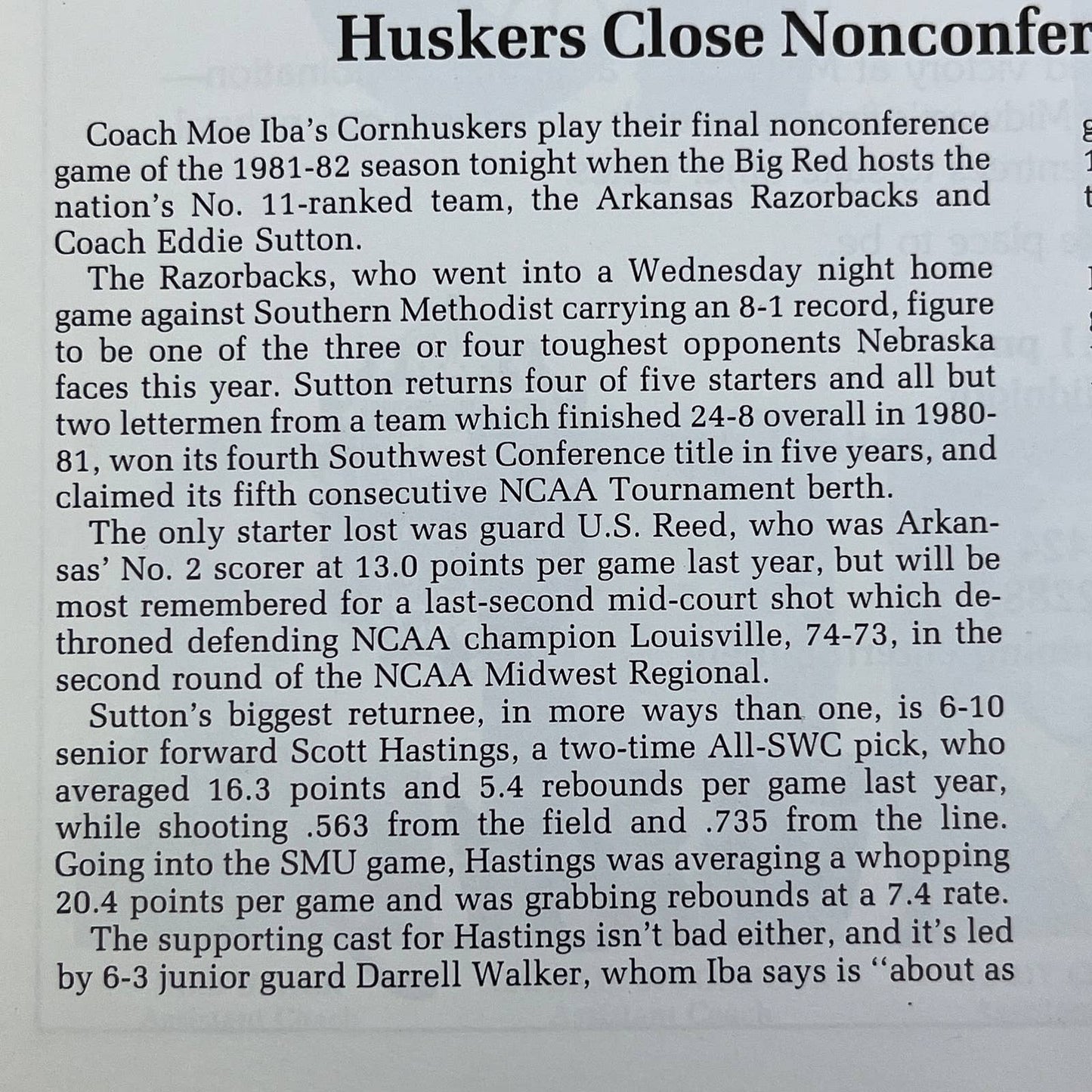 1982 Jan 9 - Nebraska Cornhuskers vs Arkansas GameDay Basketball Program TH7