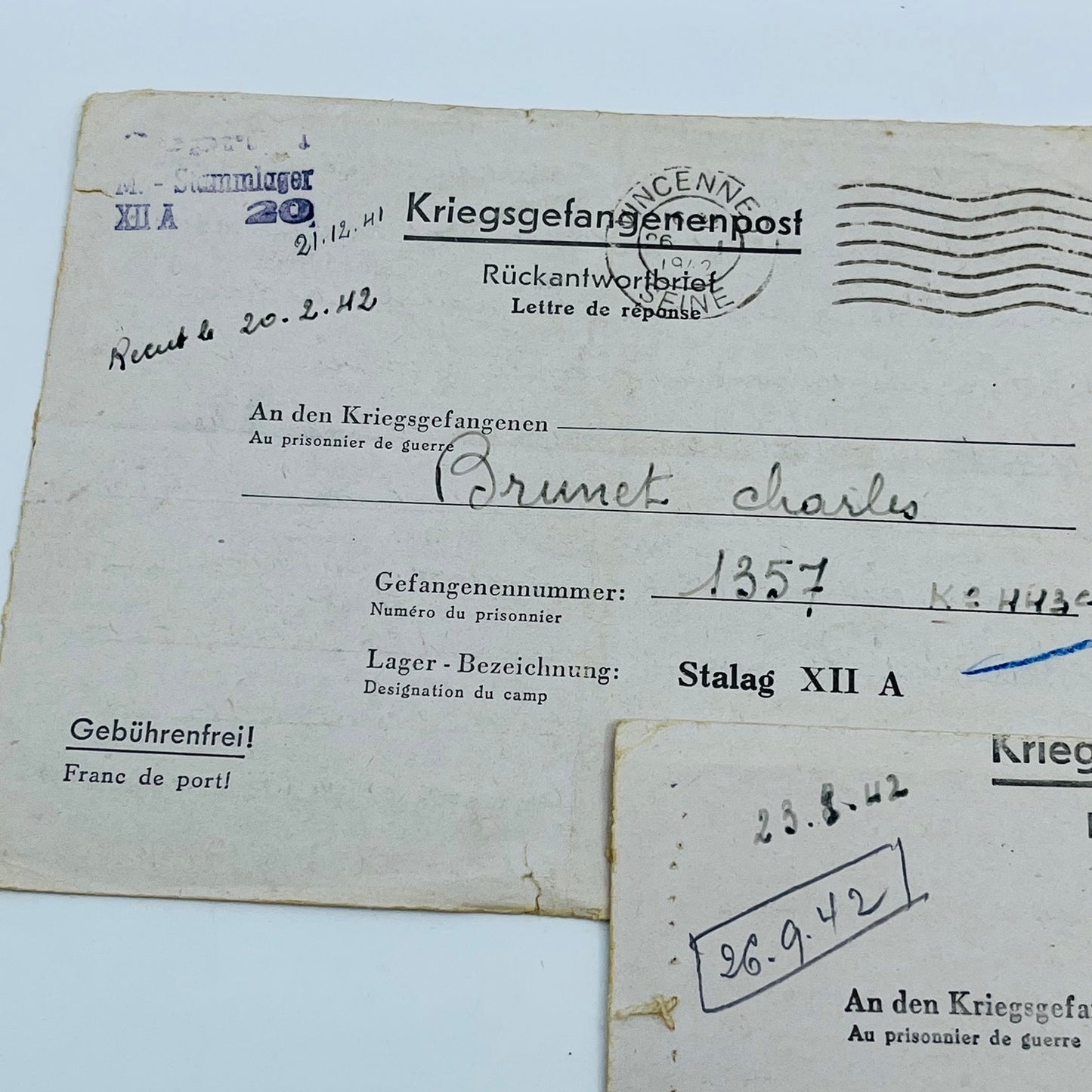 1940-42 WWII French POW Letters Charles Brunet Set 3 Stalag XIIC XIID XIIA SC2