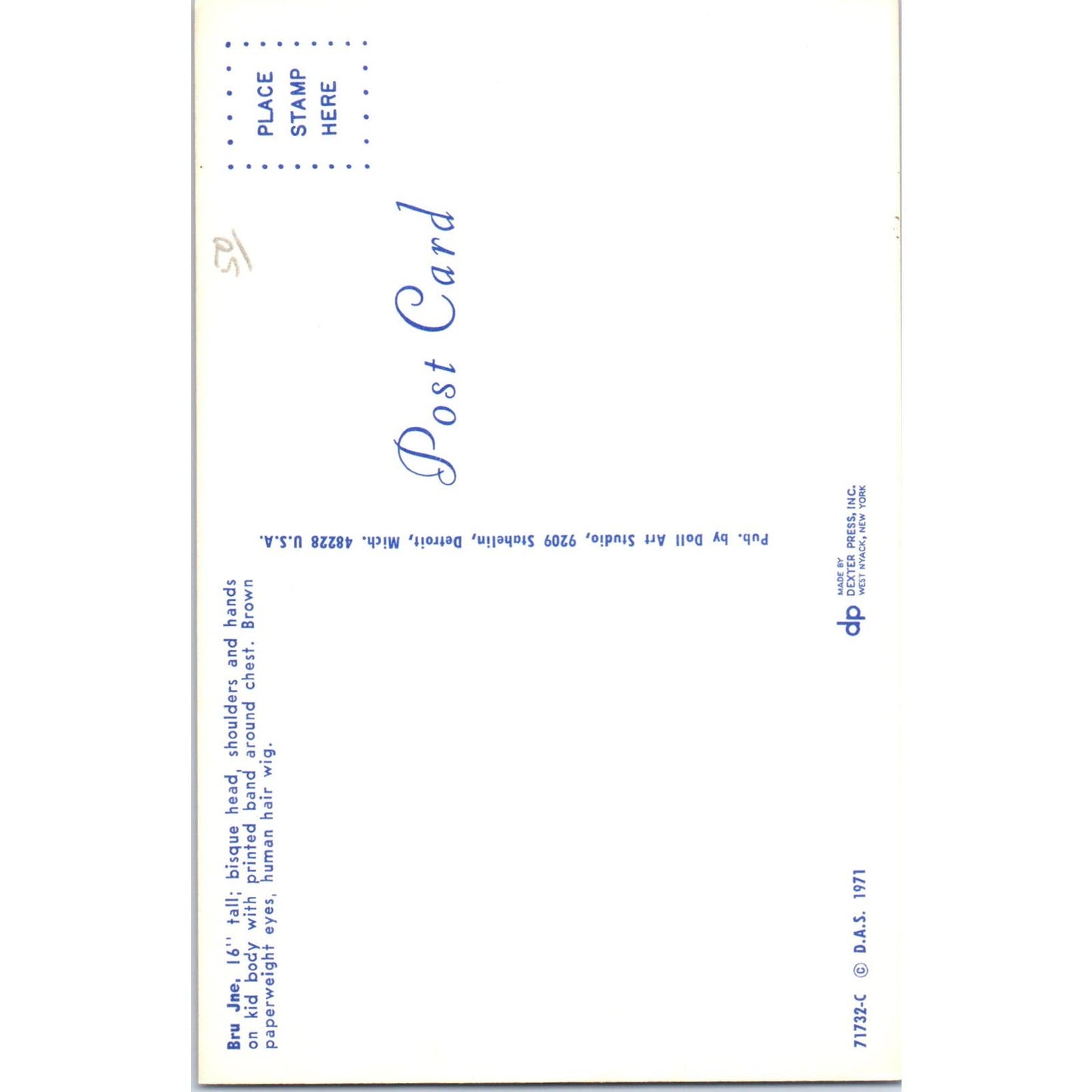 Bru Jne Bisque Head Doll Art Studio 1971 Original Postcard PB6