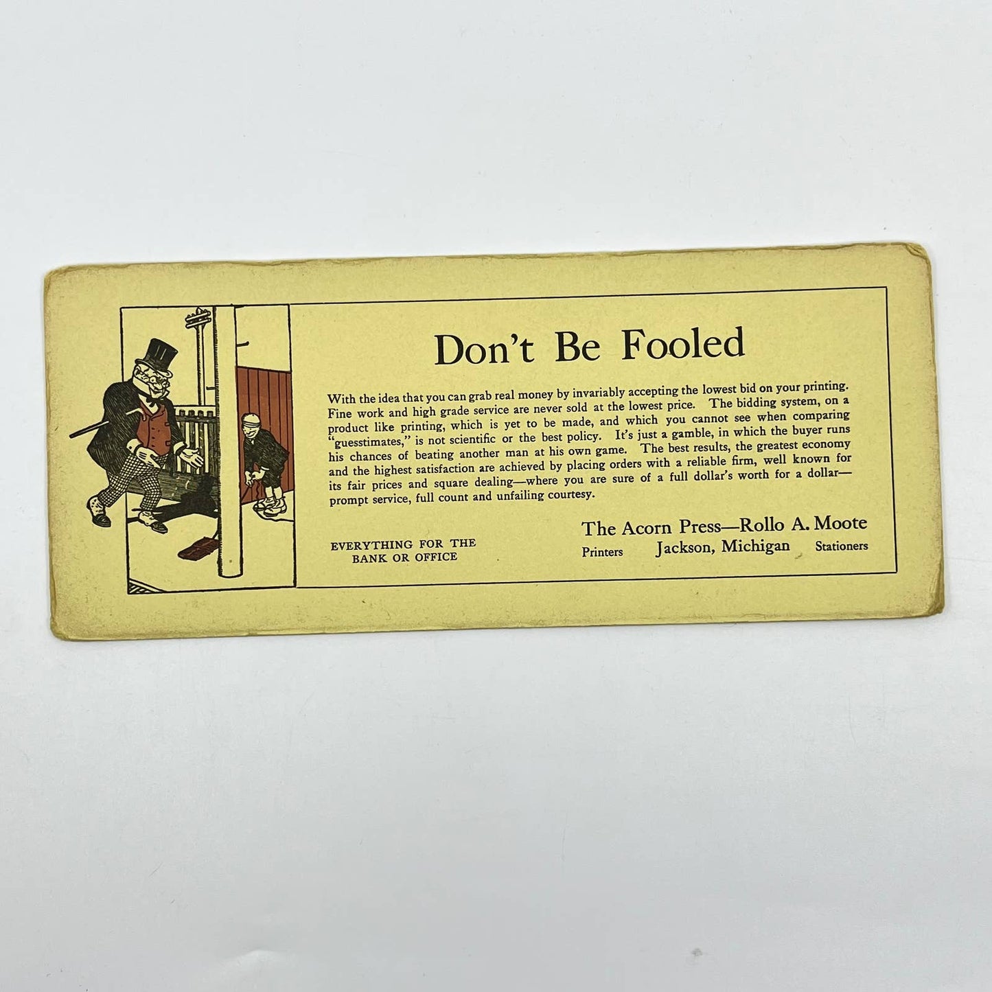 c1900 Blotter Card R.A. Moote The Acorn Press Don’t Be Fooled Jackson MI SC8