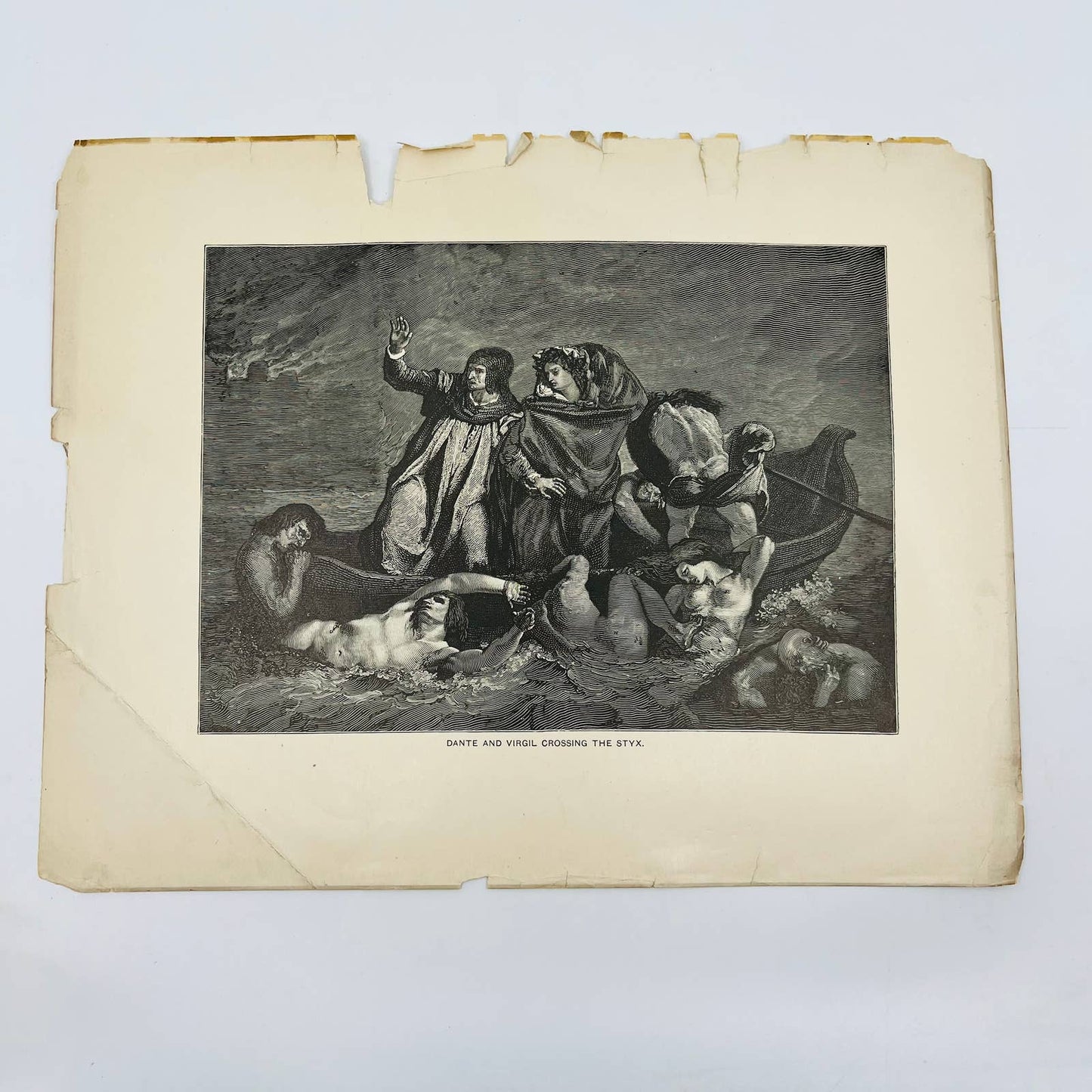 1880s Victorian Art Print Engraving DANTE & VIRGIL CROSSING THE STYX Delacroix