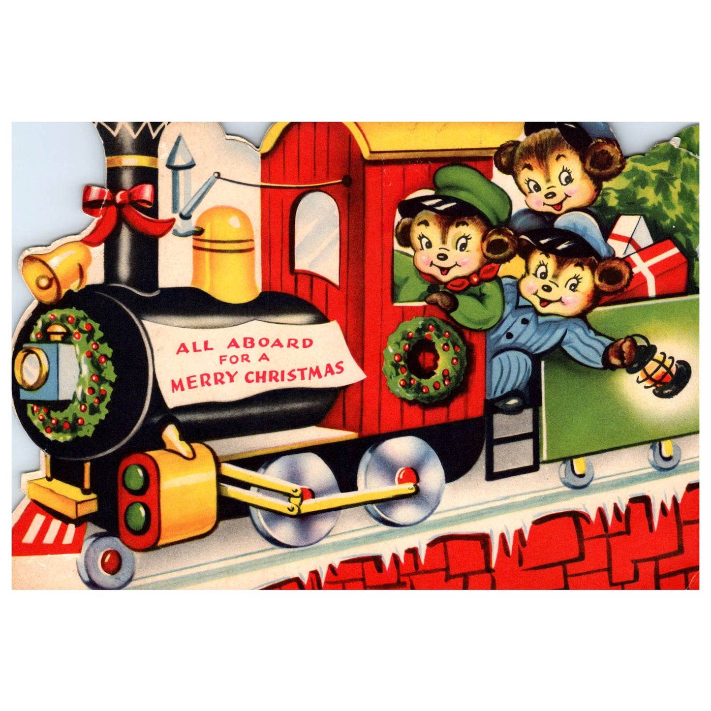 Vintage Christmas Card Die-Cut Stand Up Christmas Train Bears TJ8-7