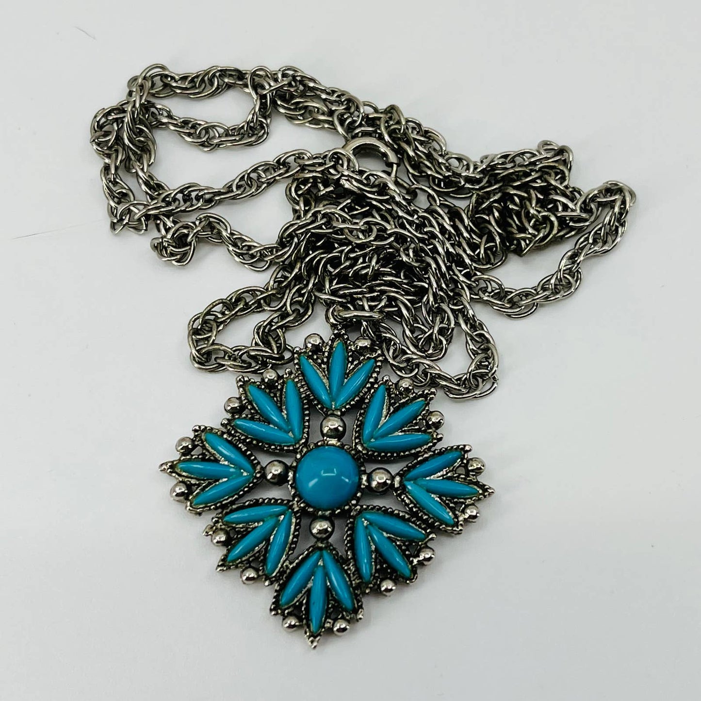 Vintage Boho Silver and Turquoise Tone Pendant Necklace SB2