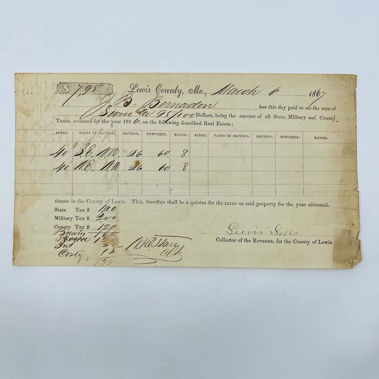1867 Lewis County MO Tax Collection Receiprt Letterhead Billhead AA5