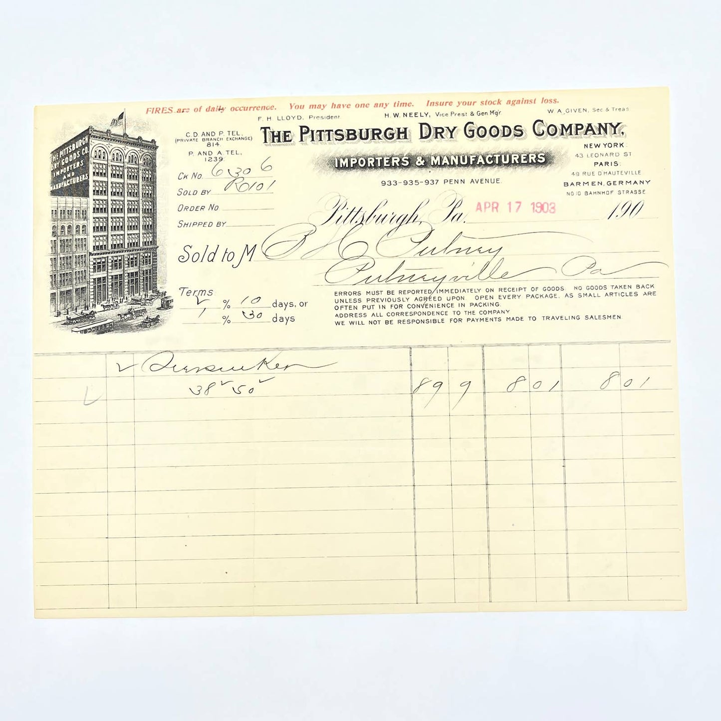 1903 The Pittsburgh Dry Goods Company Billhead Letterhead PA AC2