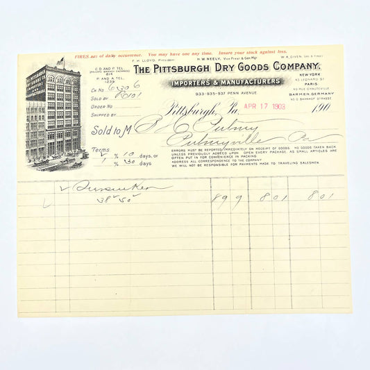 1903 The Pittsburgh Dry Goods Company Billhead Letterhead PA AC2