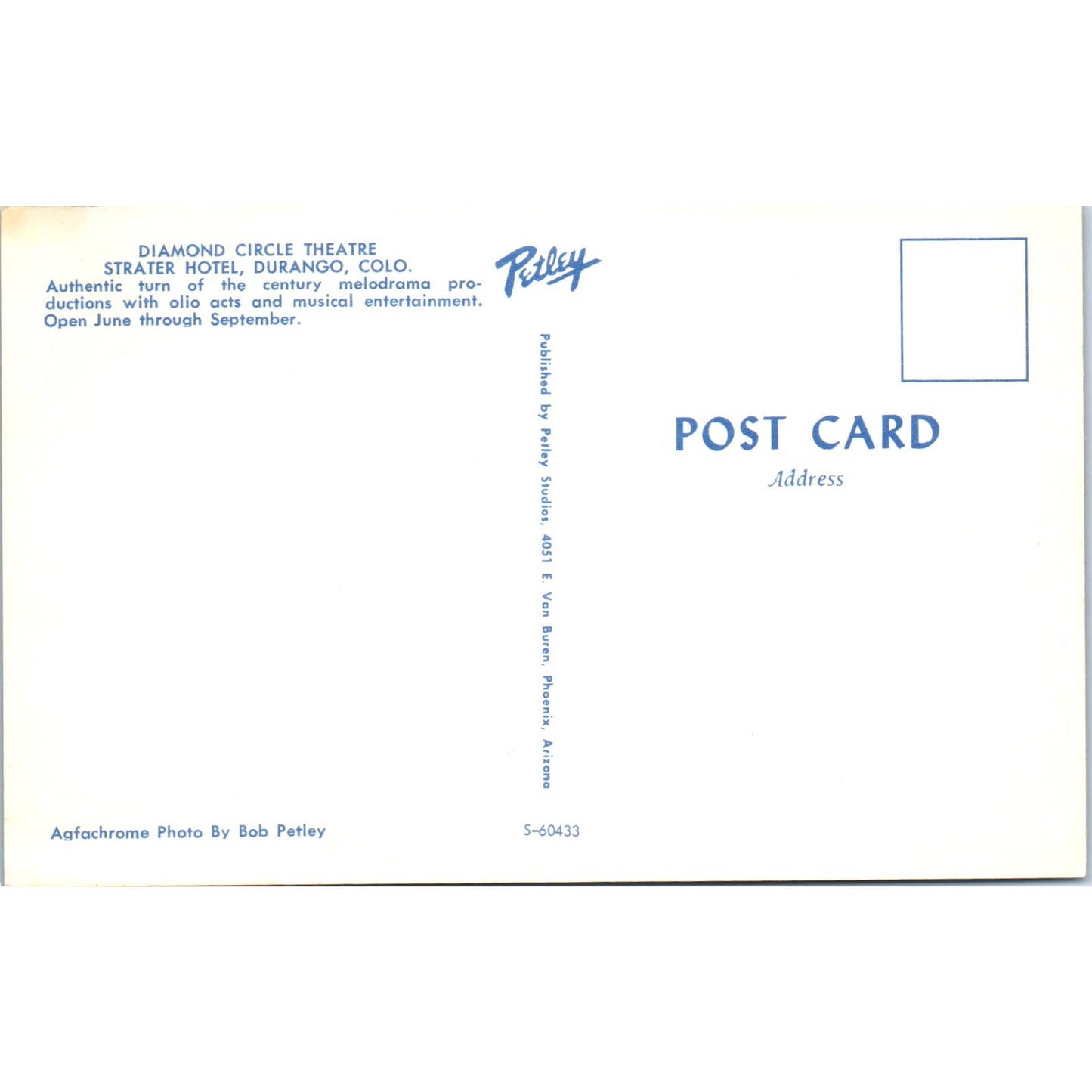 Diamond Circle Theatre Strater Hotel Durango Colorado Original Postcard TK1-29