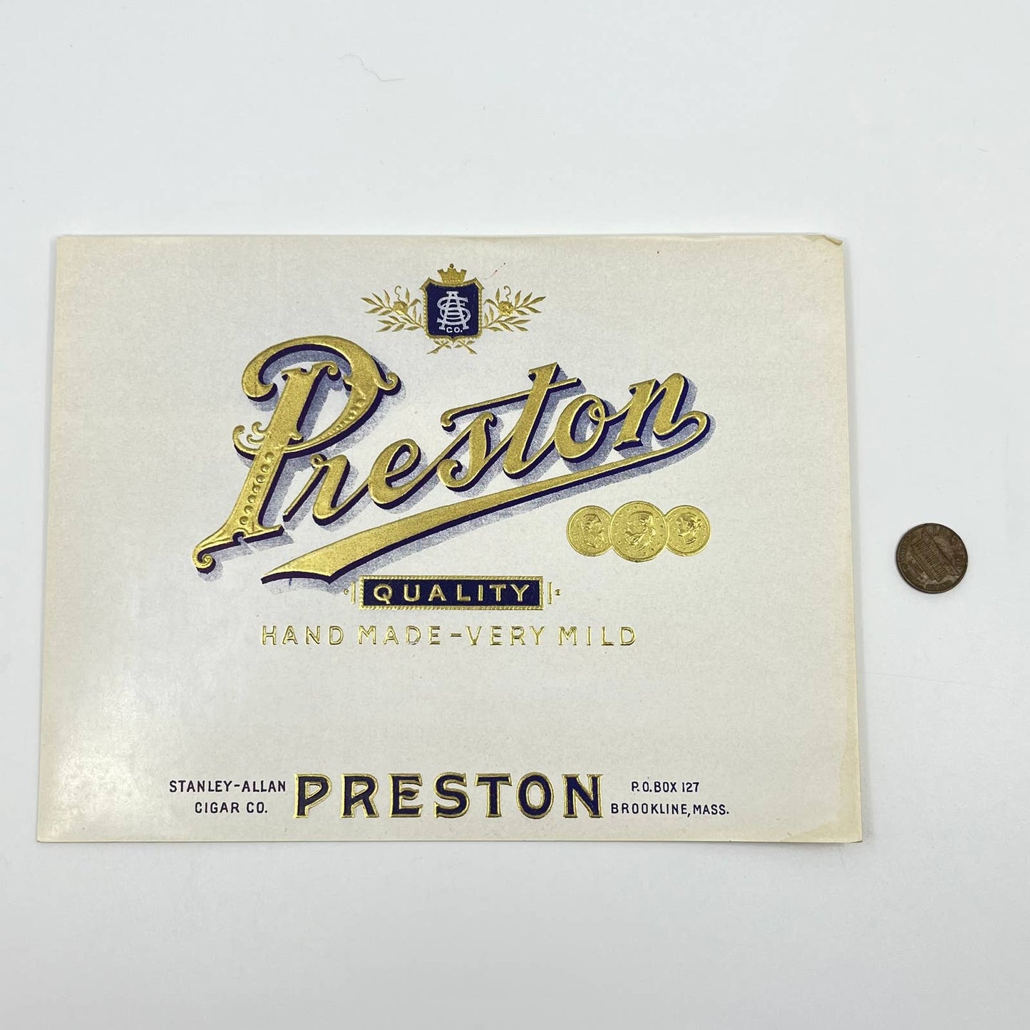 Vintage Preston Original Cigar Box Tobacco Label Brookline Mass Embossed AA8