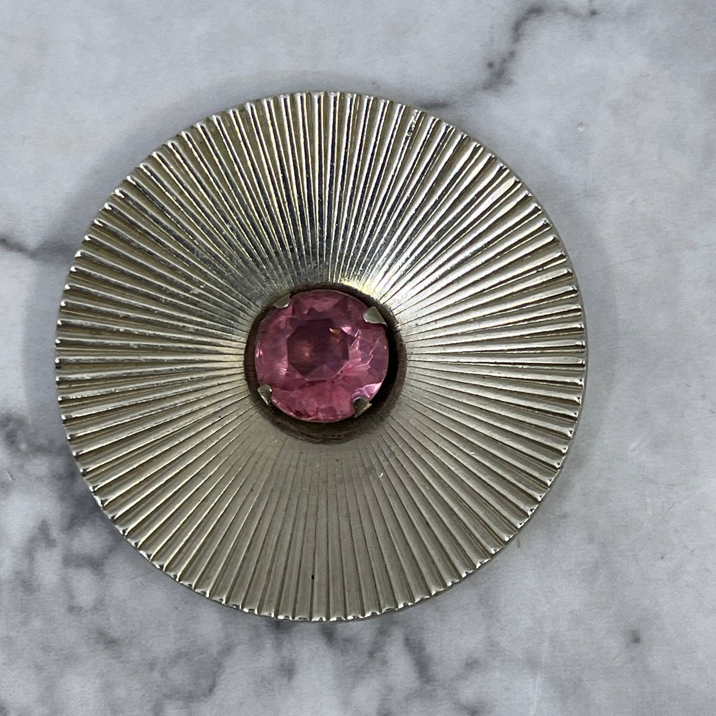Vintage MCM Atomic Starburst Fan Pink Rhinestone Pin Brooch Silver Tone 2” SE7