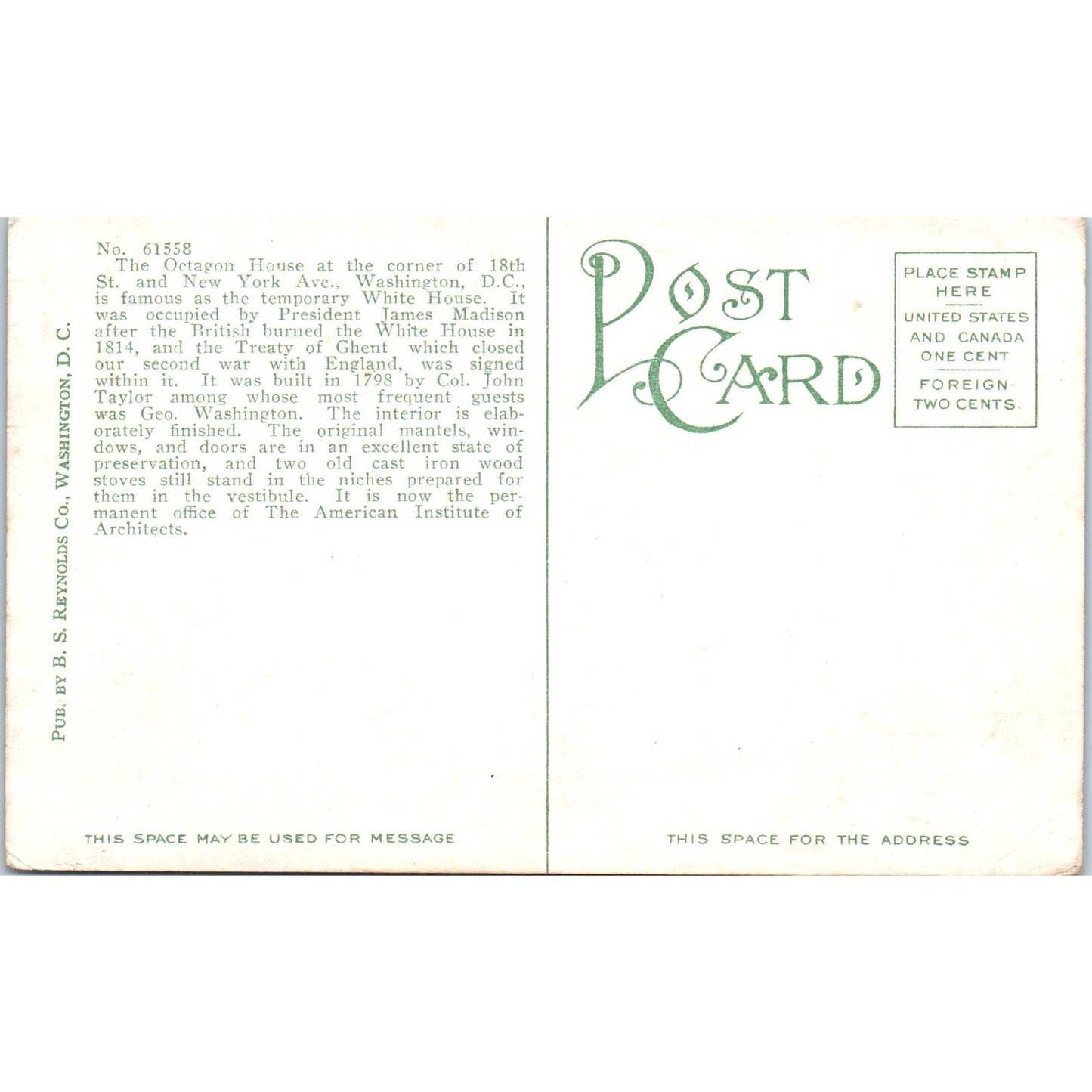 Octagon House Washington D.C. Original Postcard TK1-P2