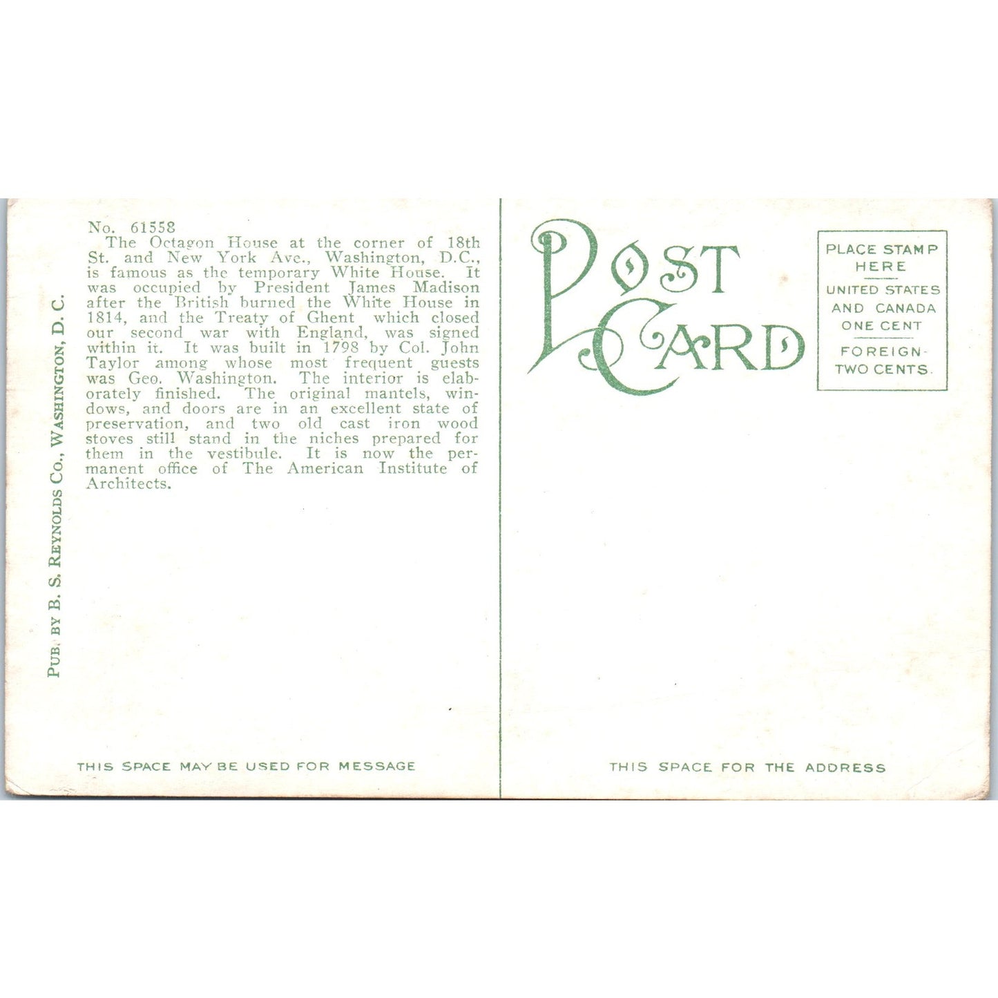 Octagon House Washington D.C. Original Postcard P1-16