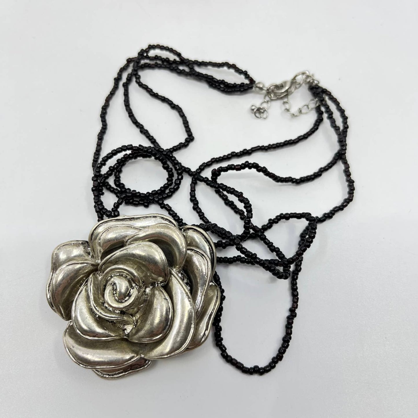 Vintage Boho Metal Rose Pendant Necklace Black Bead Multi-Strand Chain SD4