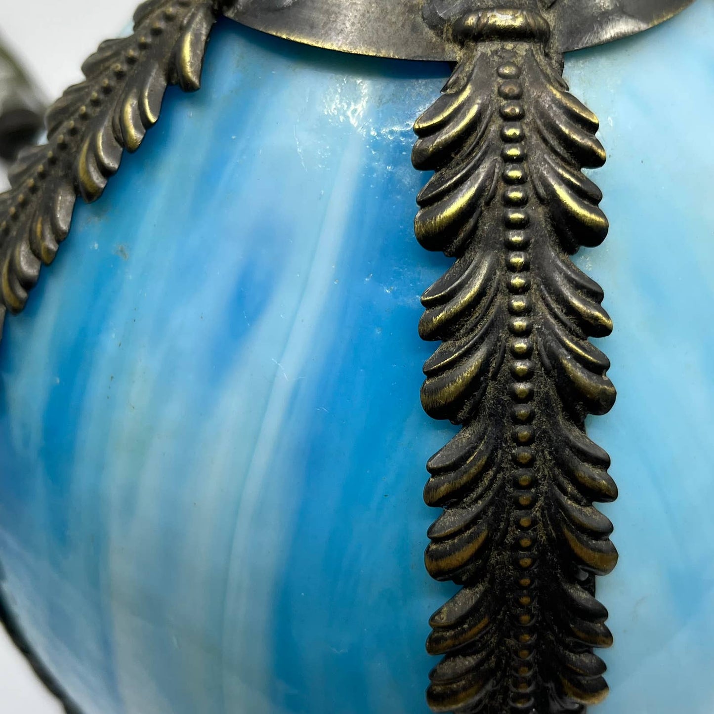 Stunning MCM Set of 3 Blue & White Slag Glass TULIP Hanging Pendant Light Lamps
