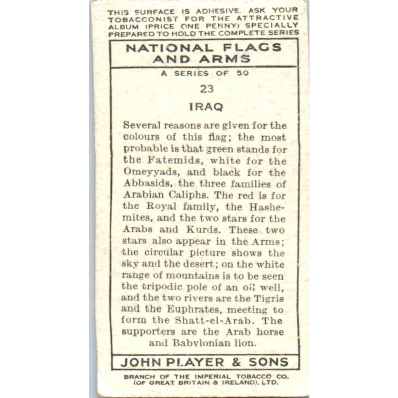 1936 Player's Cigarette Card National Flags and Arms #23 Iraq SE5