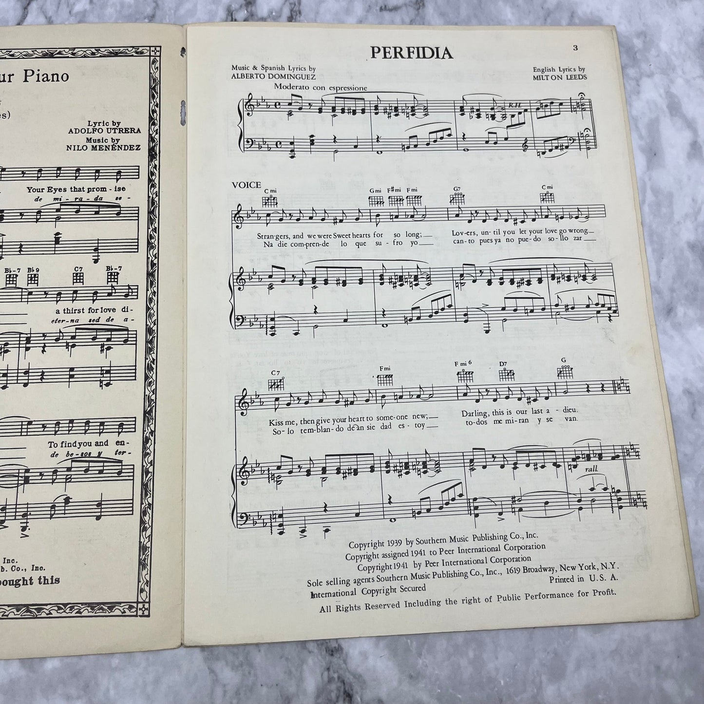 1941 Vintage Perfidia Sheet Music Alberto Dominguez Jimmy Dorsey V41-2