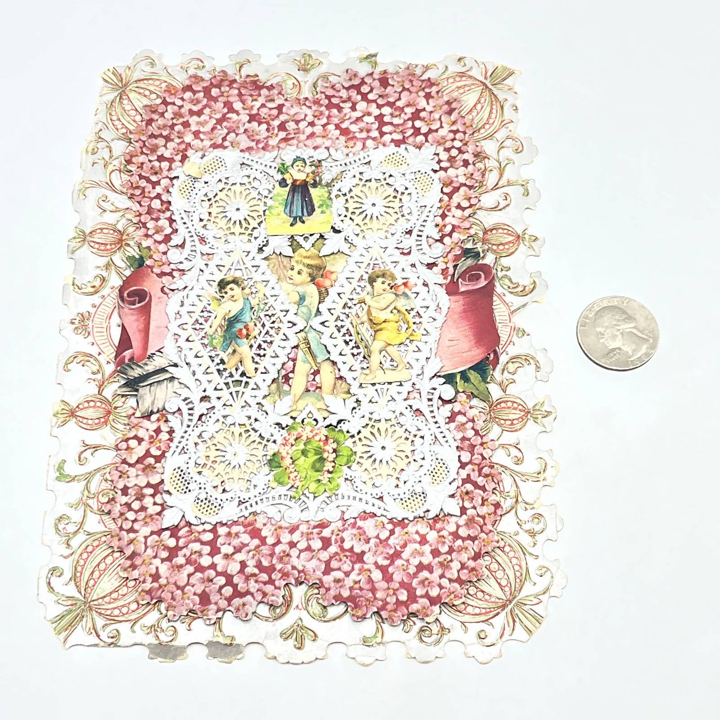 1880s Victorian Die Cut Ornate Greeting Card Cherubs and Flowers AB7