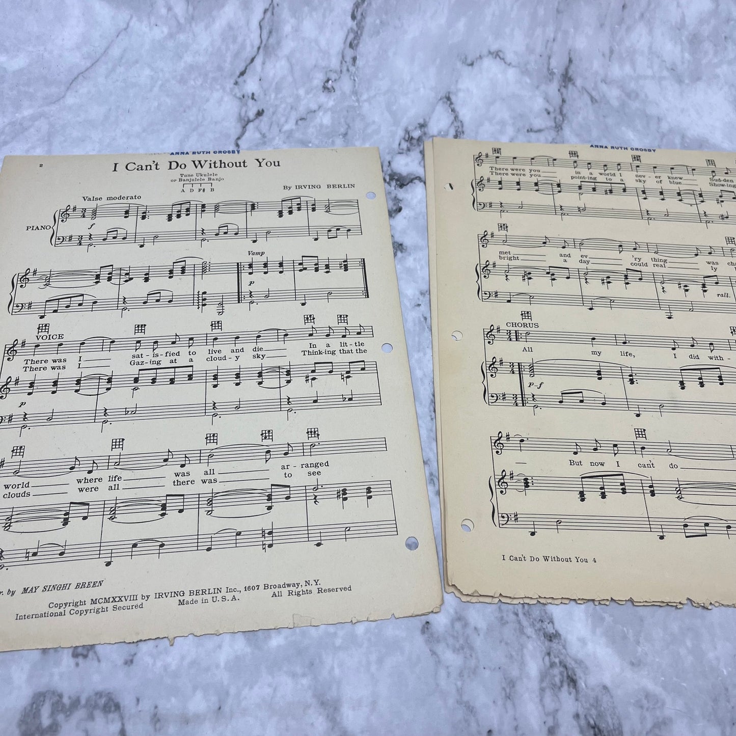 1928 I Can't Do Without You By Irving Berlin Vintage Sheet Music V41-3