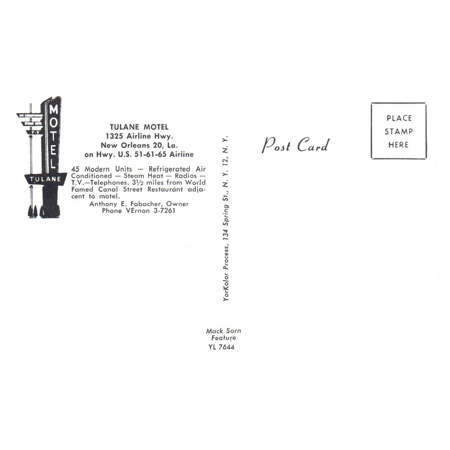 Vintage Postcard - Tulane Motel New Orleans Louisiana TJ6-1