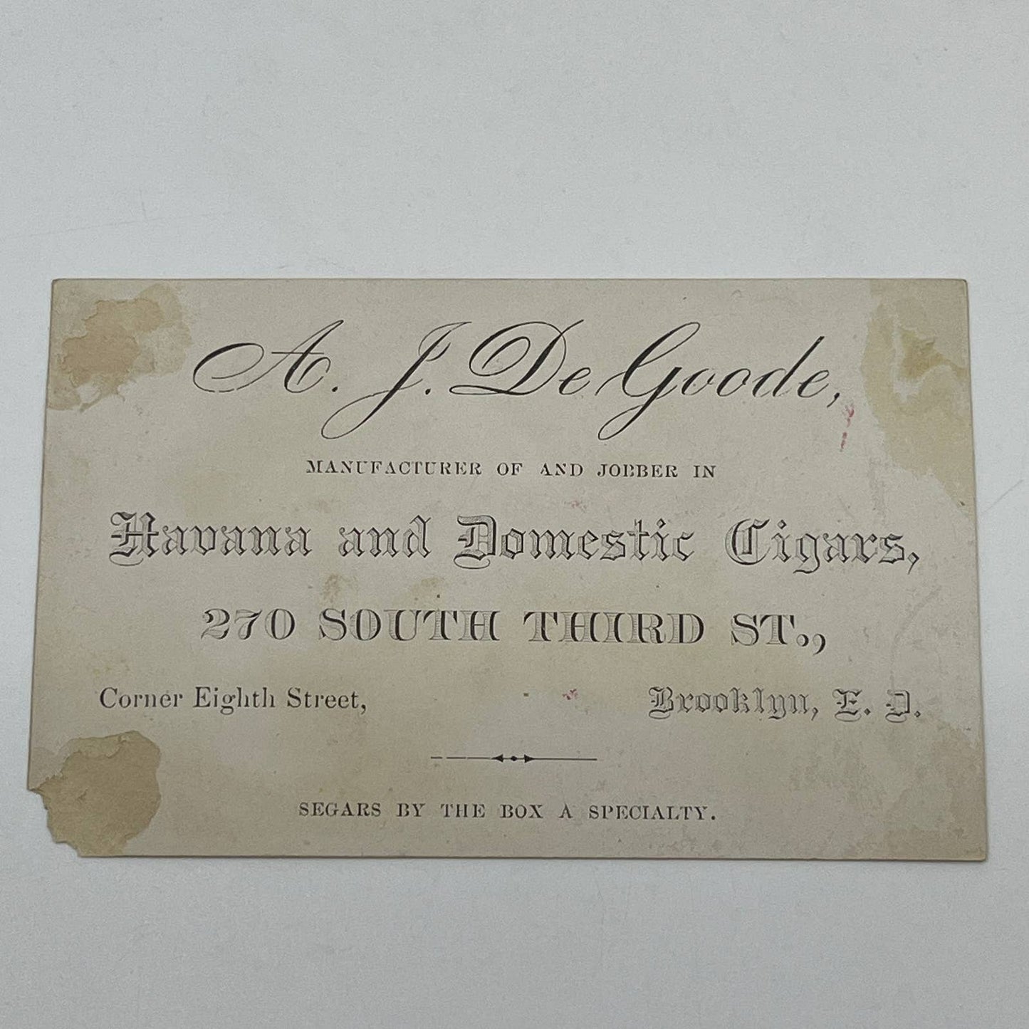 1880s Victorian Trade Card French Children A.J. DeGoode Cigars Brooklyn NY AB6