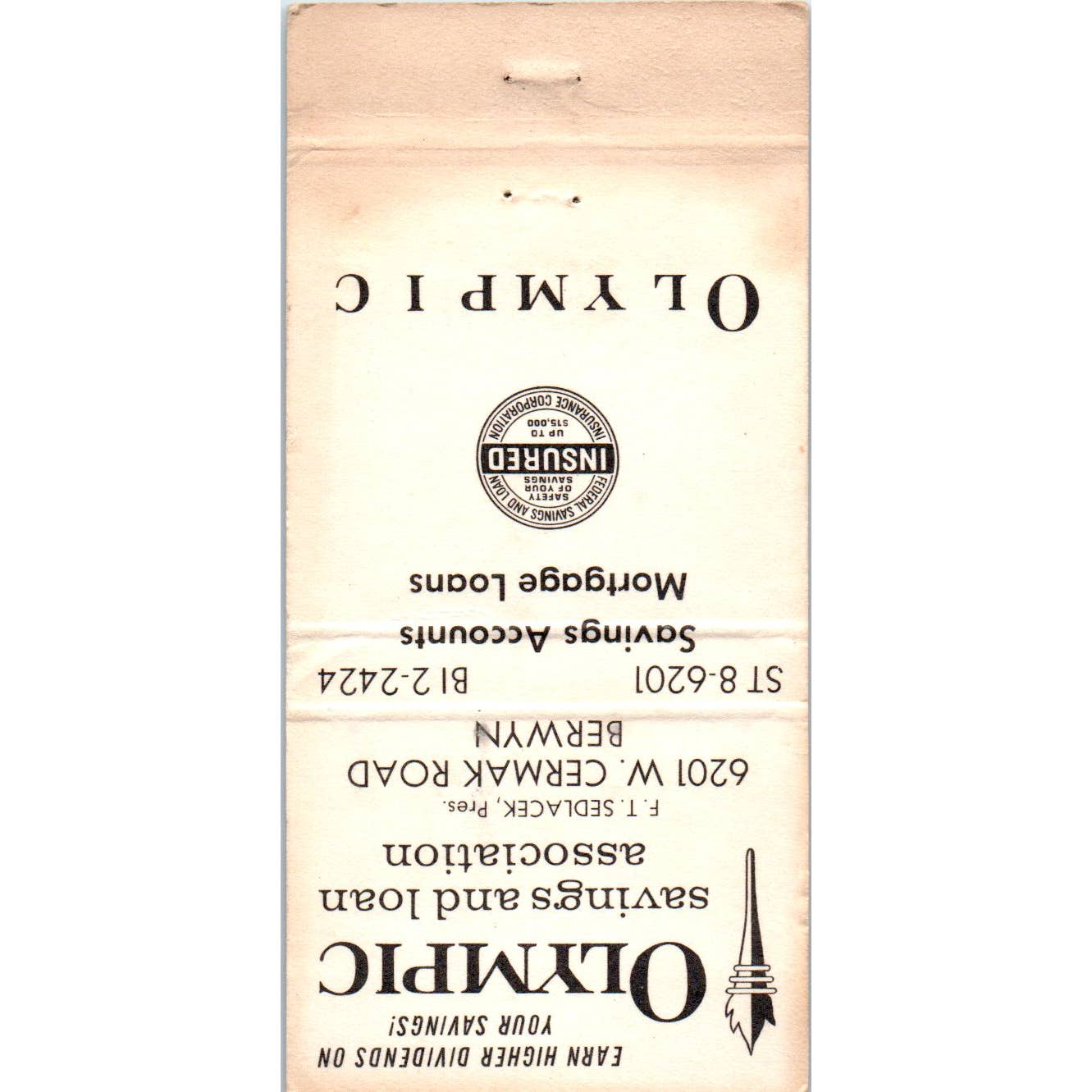 Olympic Savings and Loan Berwyn Illinois Advertising Matchbook Cover SA1-M11
