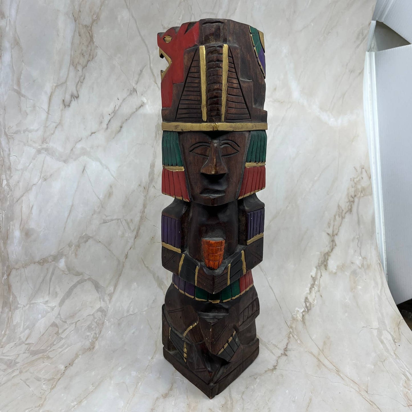 Hand Carved Hand Painted Wooden Aztec Mayan Totem Pole Sculpture 14” TI7