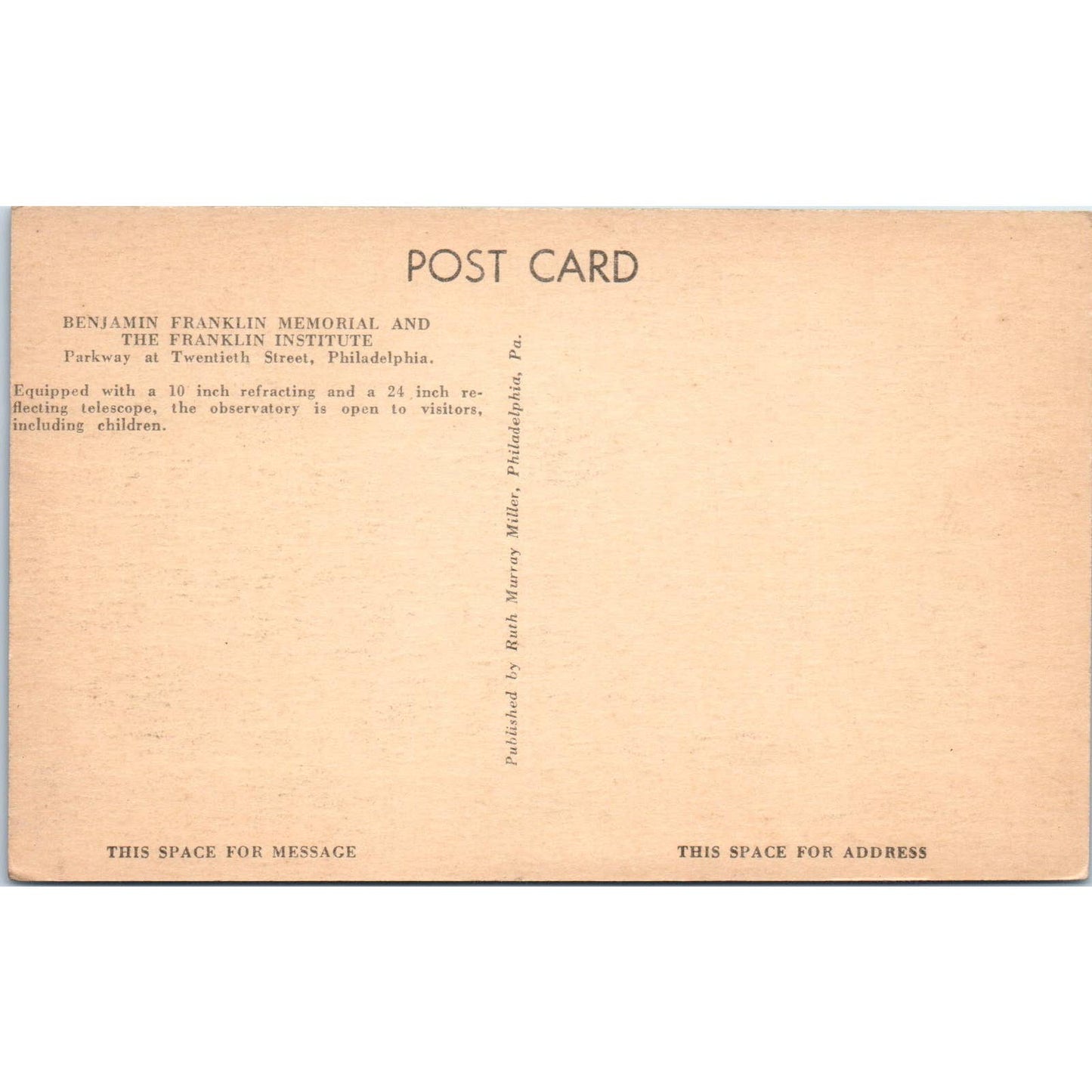 Vintage Postcard Benjamin Franklin Institute and Memorial, Observatory TI1-1