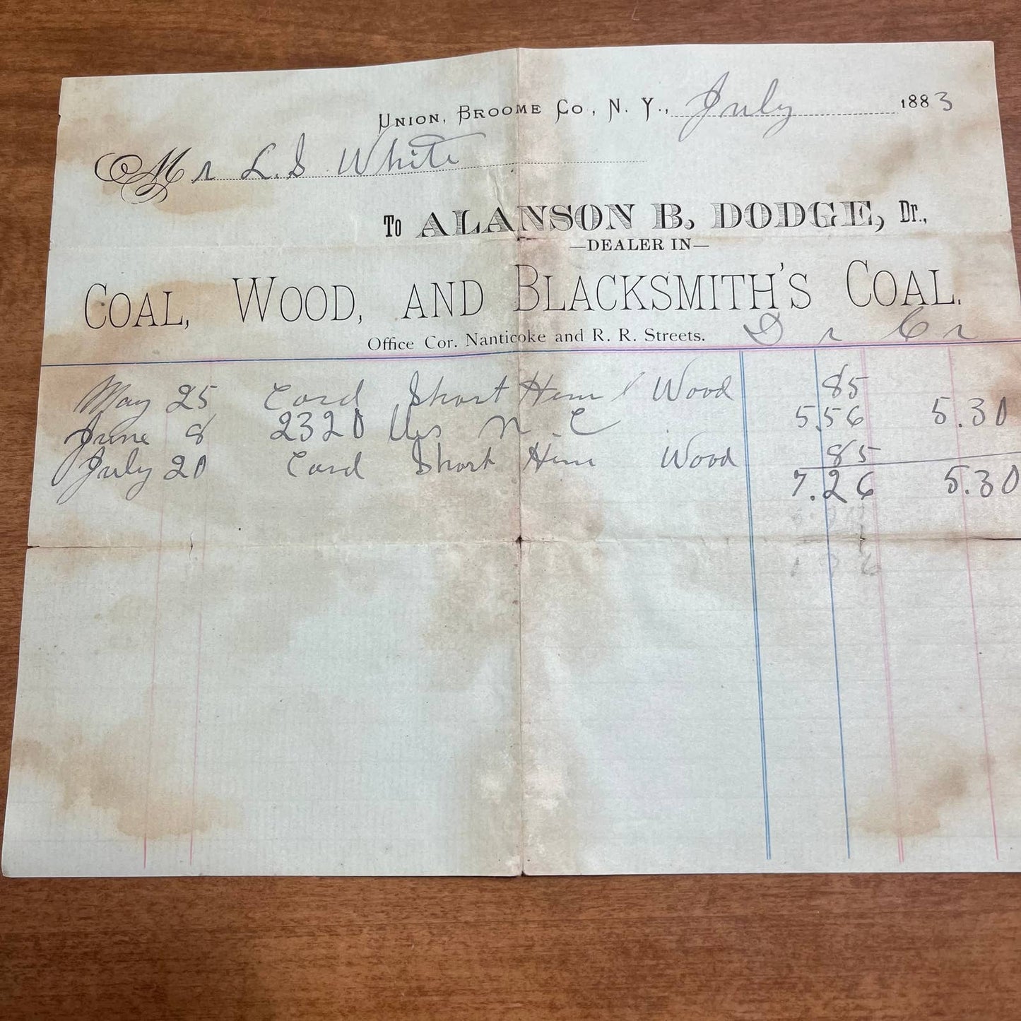 1883 Invoice Bill Union Broome Co. NY Alanson B Dodge Nanticoke & R.R. Street A8