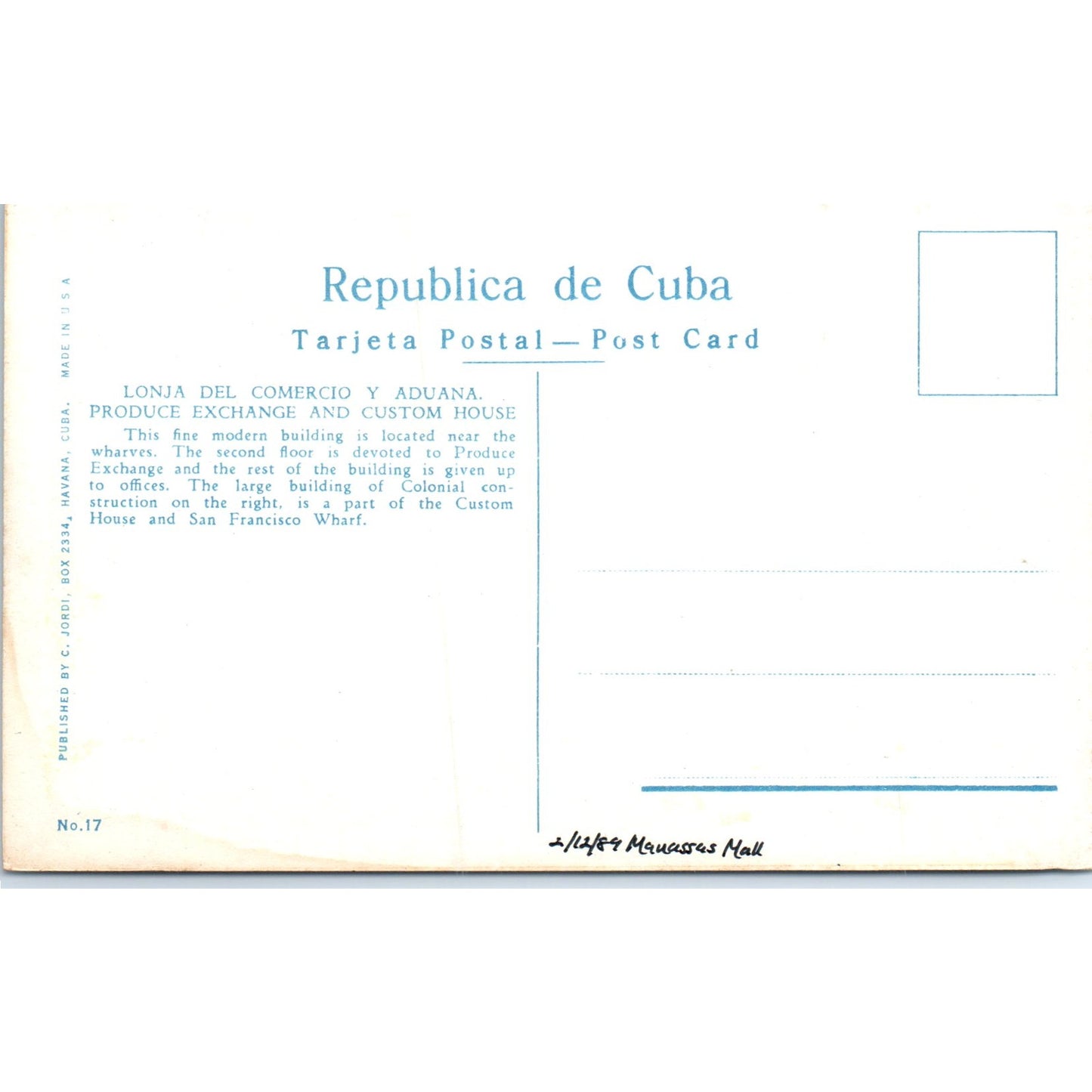 Produce Exchange and Custom House Havana Cuba Original Postcard P3-1