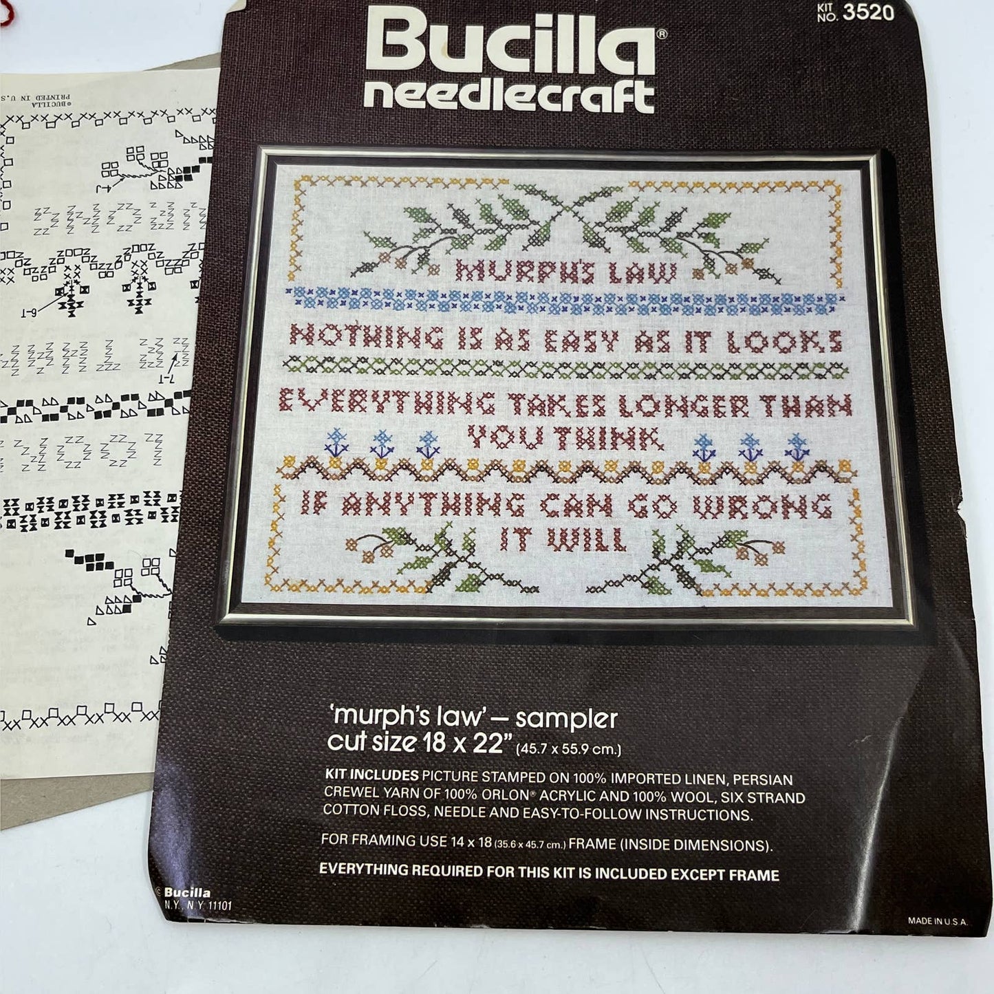 Vintage Bucilla Needlecraft 3520 Murph’s Law Sampler COMPLETE READY TO FRAME TC1