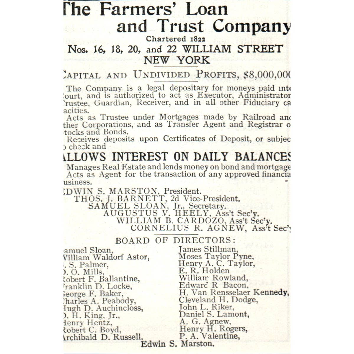 Farmers' Loan and Trust Co William St. NY Edwin S. Marsten - 1903 Ad TJ7-S