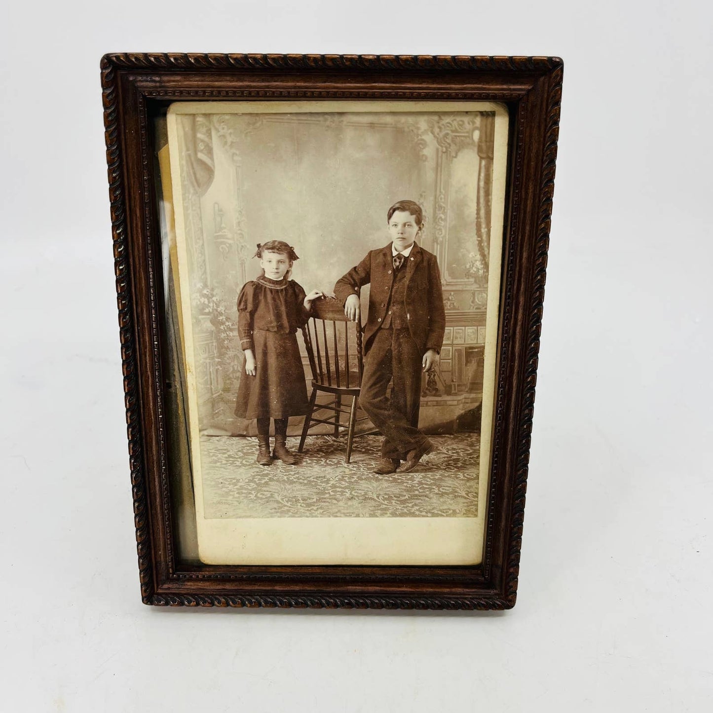 1880s Photograph Boy & Girl Siblings in Victorian House Ornate Carved Frame TC8