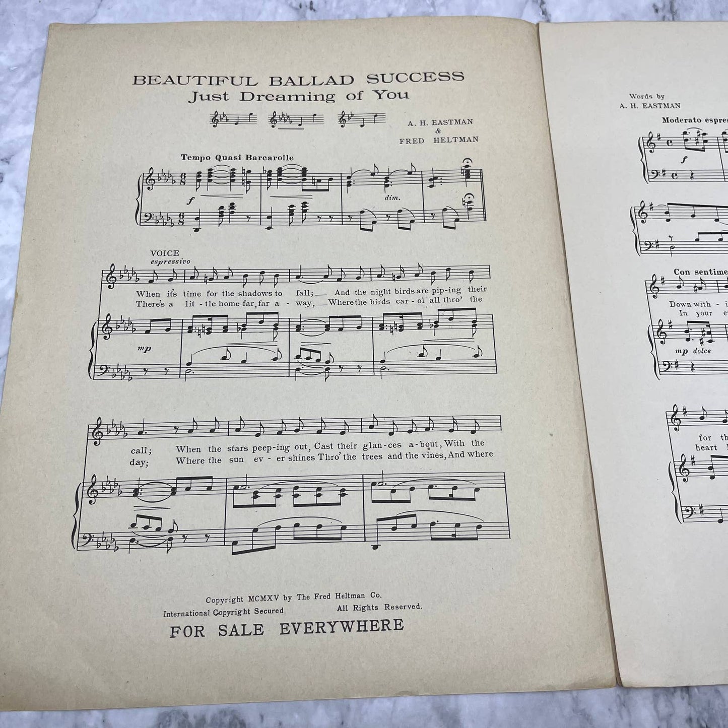 1913 COME TO ME Ballad Sheet Music EASTMAN & HELTMAN Blue Roses Flowers TH1