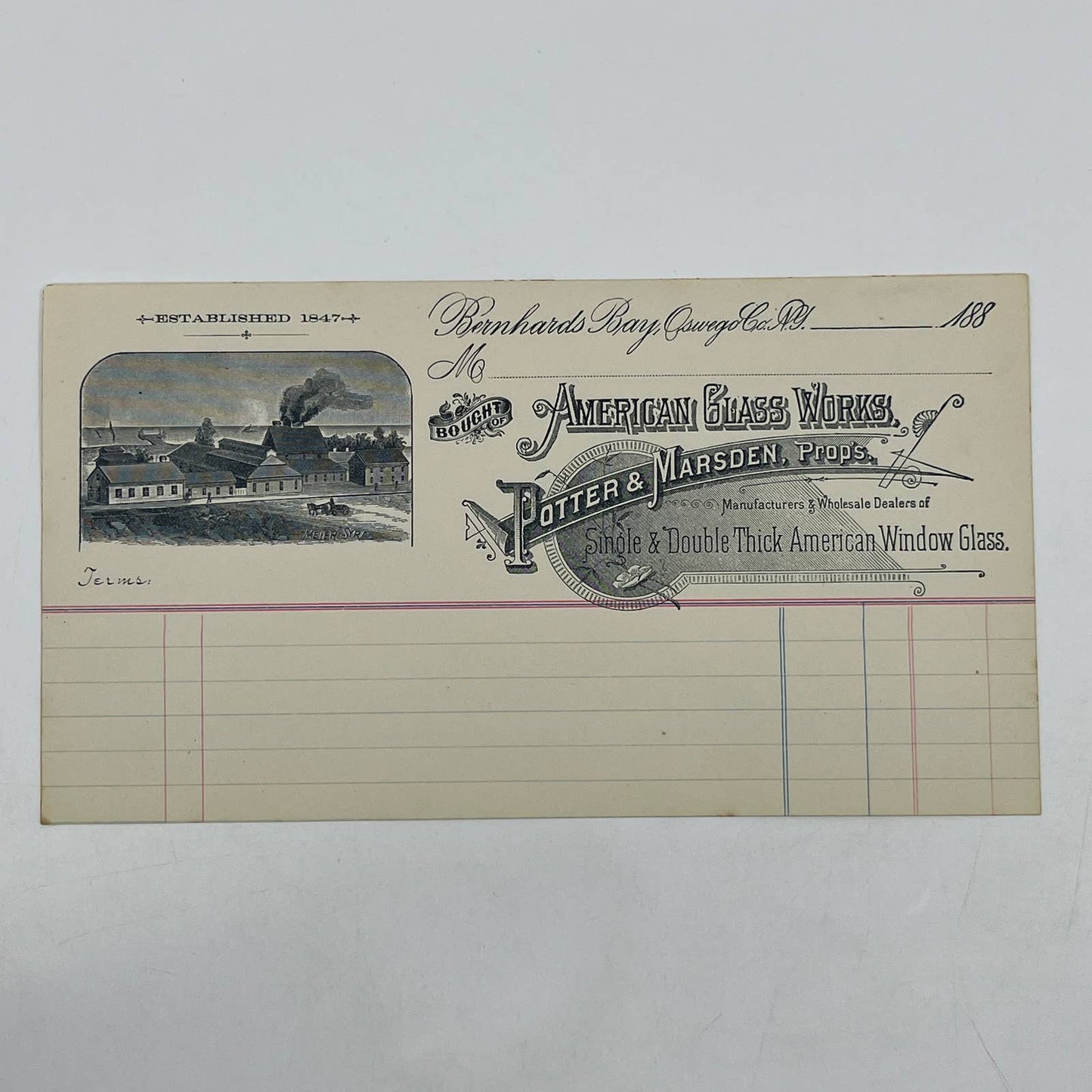 1880s Letterhead American Glass Works Porter & Marsden Bernhards Bay NY AC2