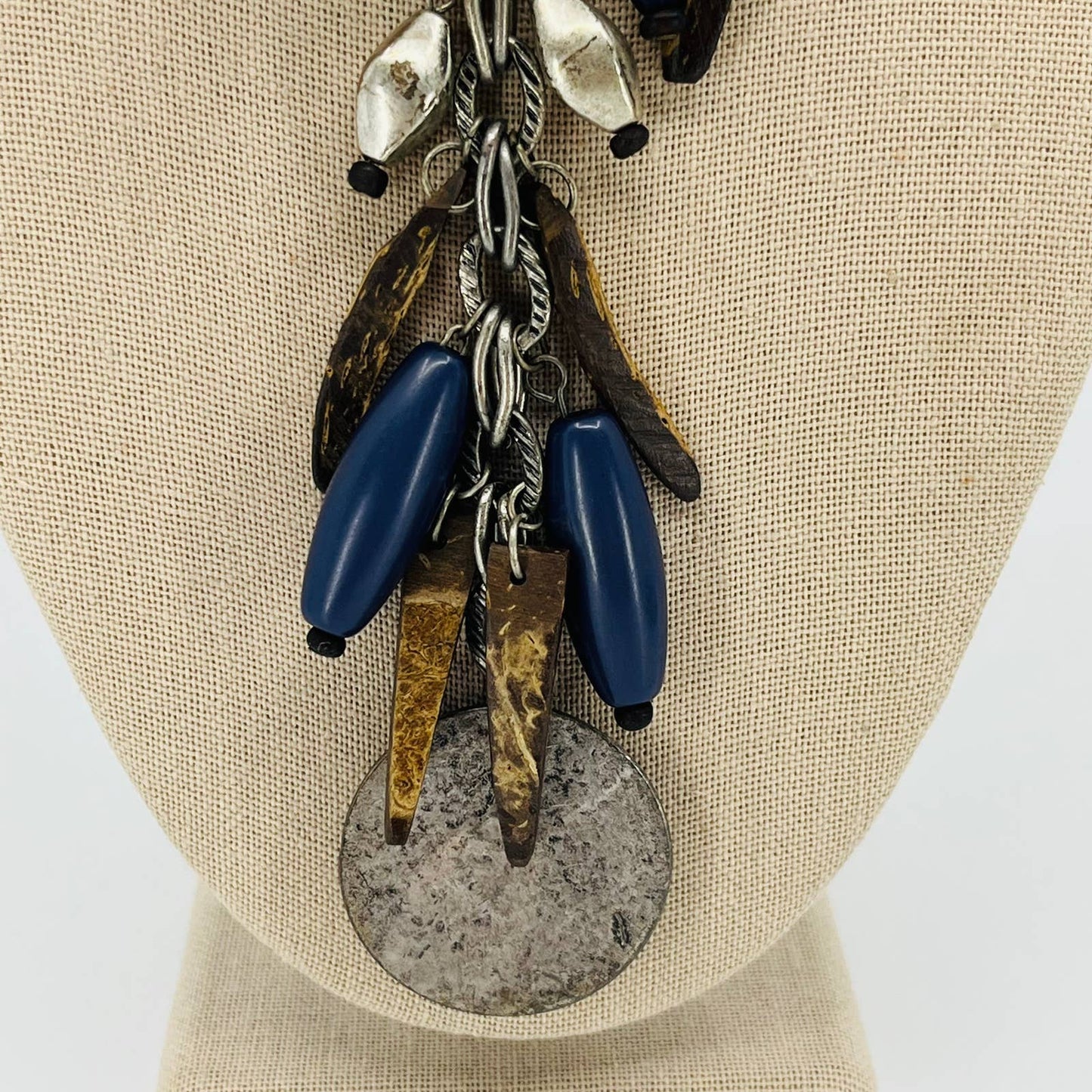 Vintage Brutalist Rustic Wood Metal Blue Bead Chunky Pendant Necklace SB2