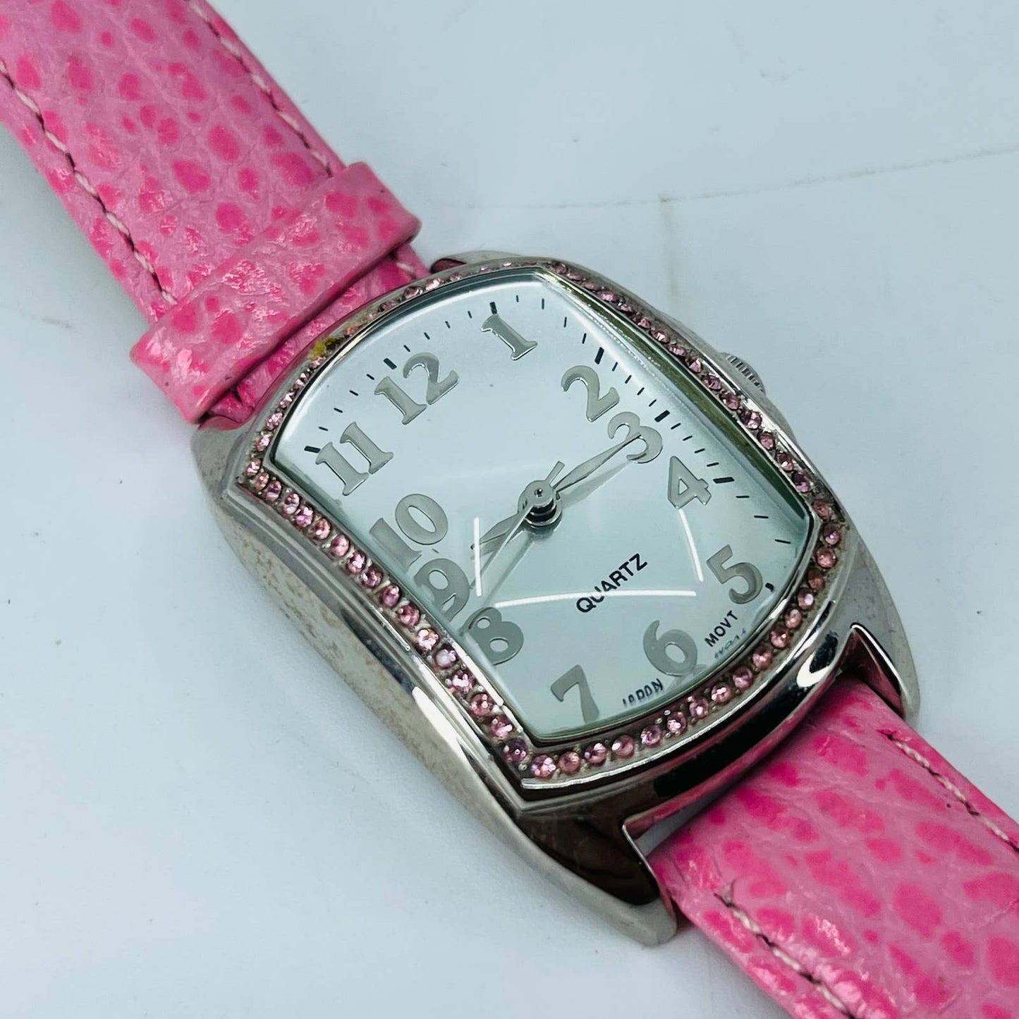 Vintage Pink Rhinestone Japan Movt Quartz Watch Leather Band SA9