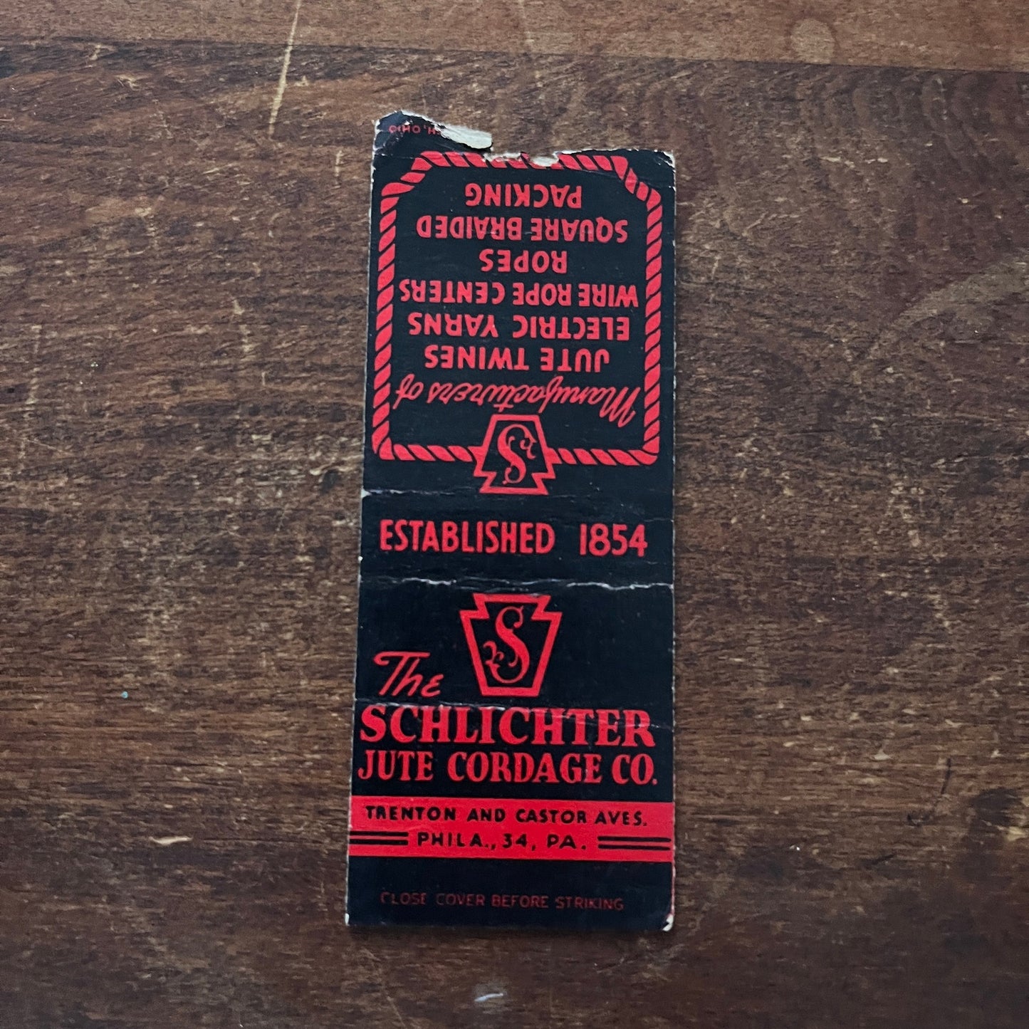 The Schlichter Jute Cordage Co Philadelphia Advertising Matchbook Cover MM11-4
