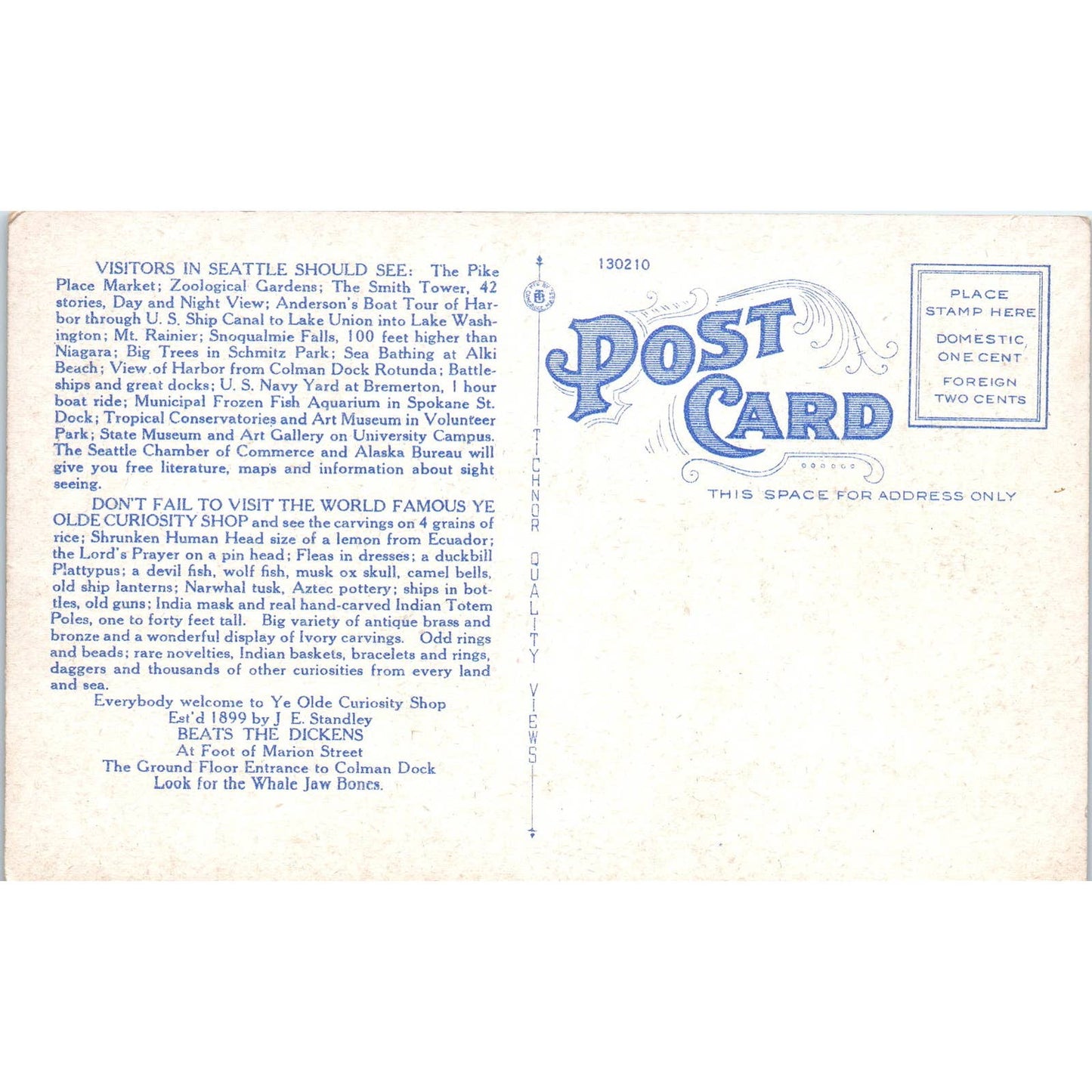 Vintage Postcard Ye Olde Curiosity Shop Colman Dock Seattle Washington TD9